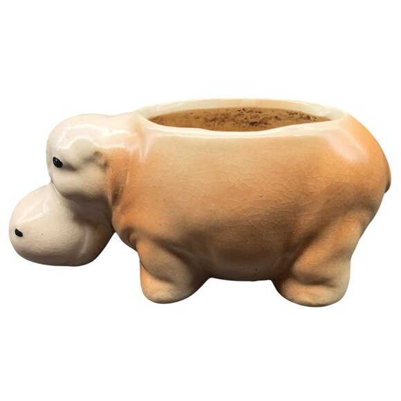 Vintage Ceramic Hippo Planter Figurine Tan & Cream Glaze - Picture 2 of 5
